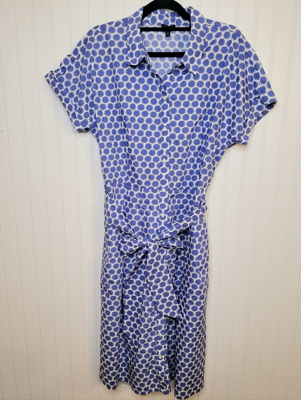 Talbots Cotton Blue & White Floral Dot Belted A-line Shirtdress - Size 14 Preppy - Picture 3 of 10